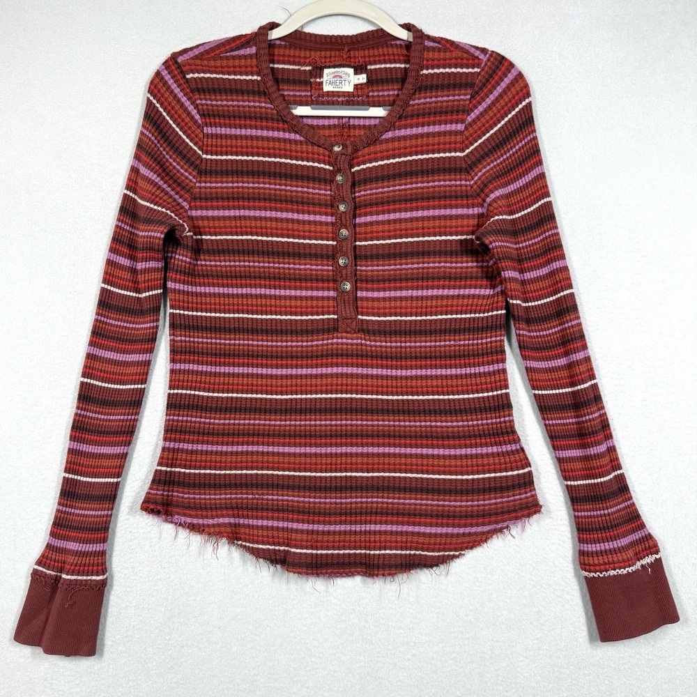 Faherty Top Womens Medium Legend Apres Waffle Knit Henley Button Striped Shirt